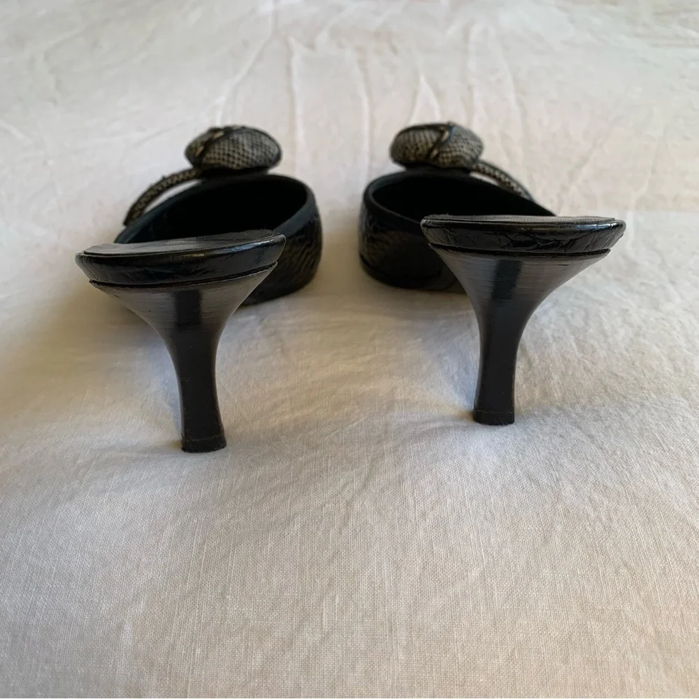 Vintage Prada Tweed Rosette Flower Pebbled Leather Pointy Toe Mules Kitten Heels - Picture 6 of 11